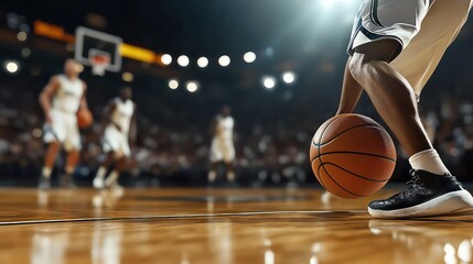 Floor-level close-up of intense basketball action with full stadium, rendered photorealistically