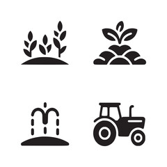 Four agriculture icons depicting crops, planting, irrigation, and a tractor in black and white
