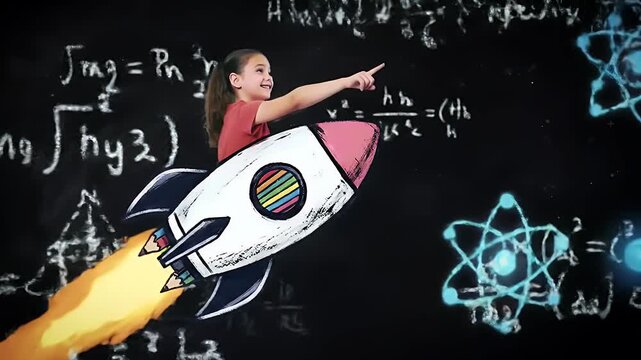 Girl on rocket learning maths