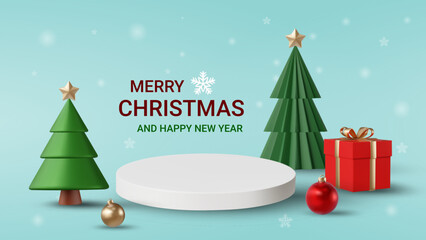 3D vector render illustration of Christmas theme. Tree, gift box, baubles, snow and circle podium. Text “Merry Christmas and Happy New Year”. Holiday atmosphere at the end of the year.