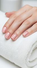 Fototapeta premium Elegant nude pink manicure with pearl nail art on a woman's hand resting on a soft white towel