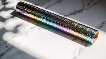 Metallic wrapping paper tube casting rainbow reflections on marble  