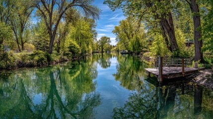 Tranquil River Landscape with Lush Green Trees and Clear Water