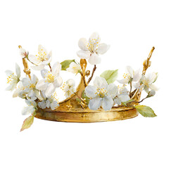Watercolor painting of a gold crown with flower on transparent background