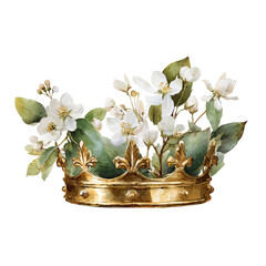 Watercolor painting of a gold crown with flower on transparent background