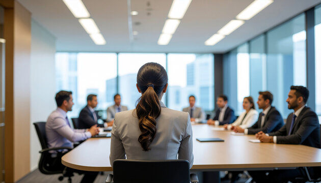 Close-up of the back of a successful female leader leading the meeting while sitting at the conference room table. - Powered by Adobe
