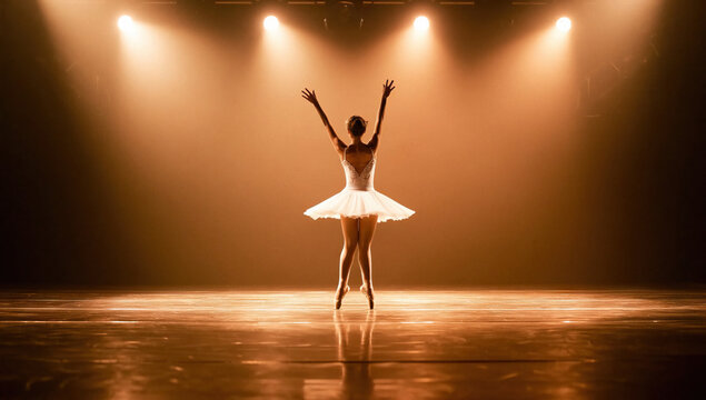 Ballerina in White Tutu on Stage with Spotlights