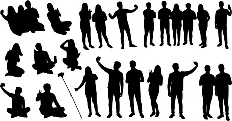 Silhouette group of people selfie different poses silhouette vector set on white background.