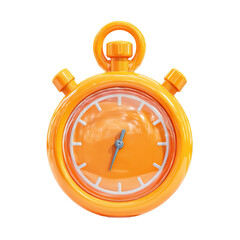 Orange stopwatch 3D icon with smooth cartoon plastic finish on transparent background