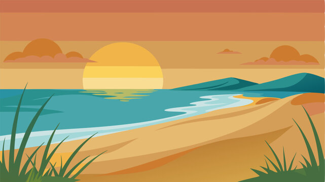 The sun sets over a serene beach its sandy shore rife with dunes that provide shelter for the delicate sea grasses growing in abundance.