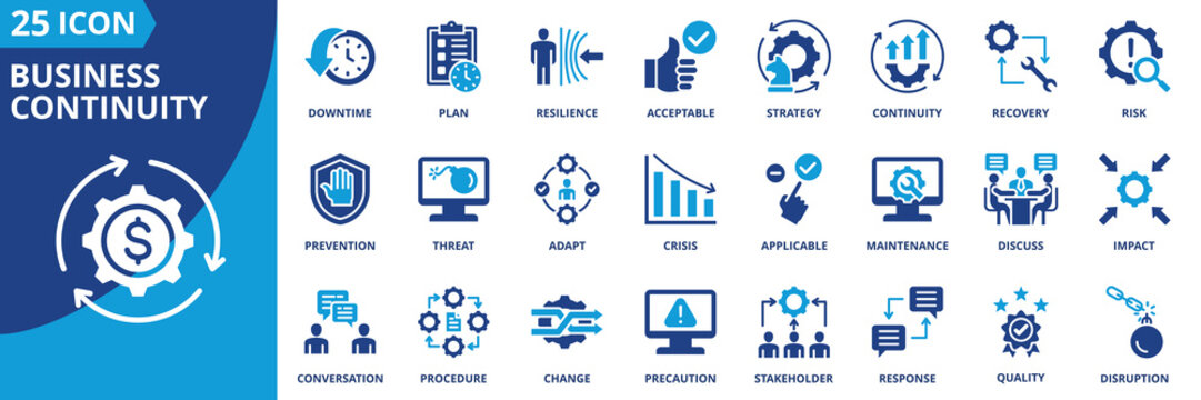 business continuity icon set collection in solid glyph style. an icon pack contain downtime,plan,resilience,acceptable,strategy,continuity,recovery