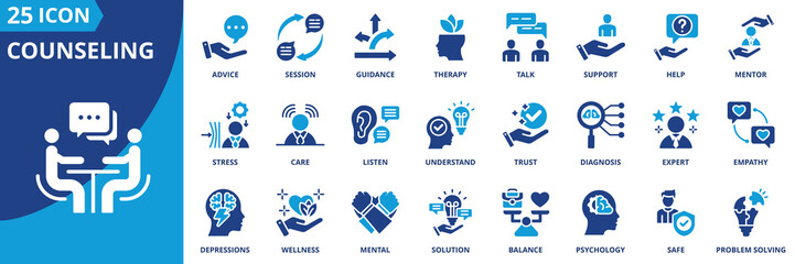 counseling icon set collection in solid glyph style. an icon pack contain support,guidance,therapy,help,talk,session,mentor