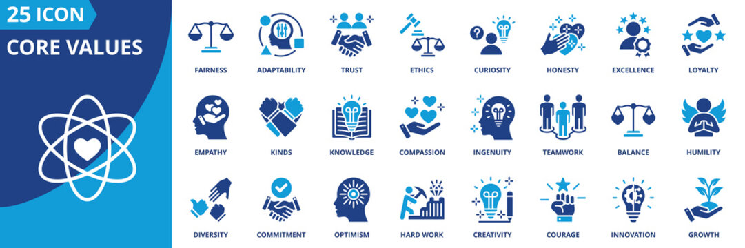 core values icon set collection in solid glyph style. an icon pack contain fainess,adaptability,trust,ethics,curiosity,honesty,excellence