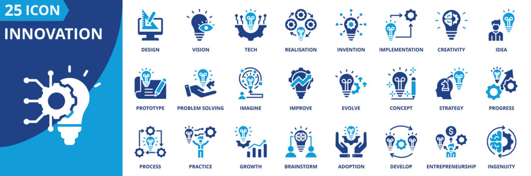 innovation icon set collection in solid glyph style. an icon pack contain idea,creativity,invention,vision,realisation,implementation,tech