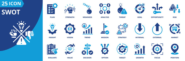 swot icon set collection in solid glyph style. an icon pack contain strength,weakness,opportunity,threat,analysis,risk,goal