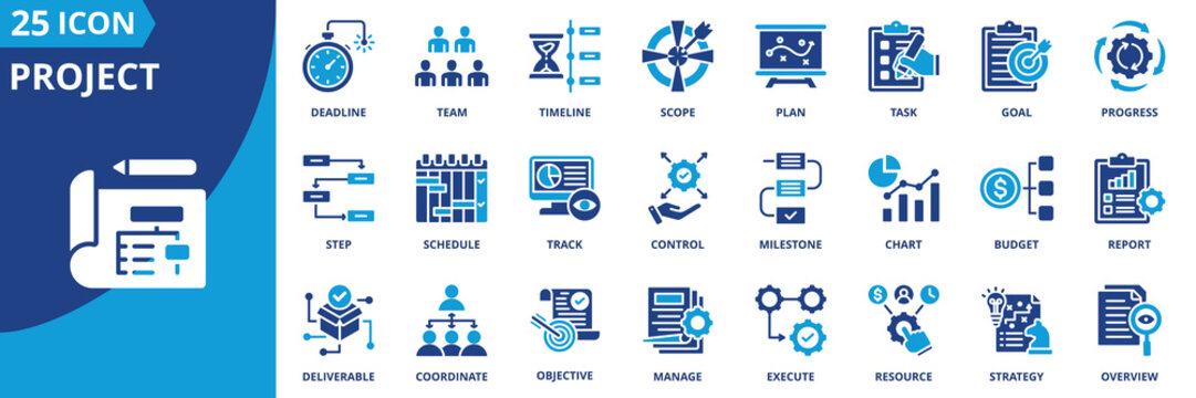 project icon set collection in solid glyph style. an icon pack contain plan,task,goal,timeline,team,deadline,scope