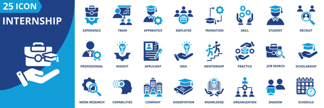 internship icon set collection in solid glyph style. an icon pack contain experience,train,apprentice,employee,transition,skill,student