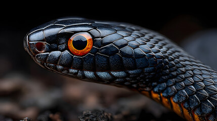 Fototapeta premium A black snake with an orange eye