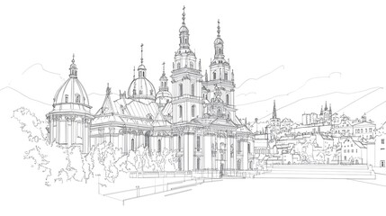 Fototapeta premium Detailed line drawing of a historic European cathedral complex.