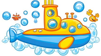 Obraz premium Submarine with bubbles and sea creatures.