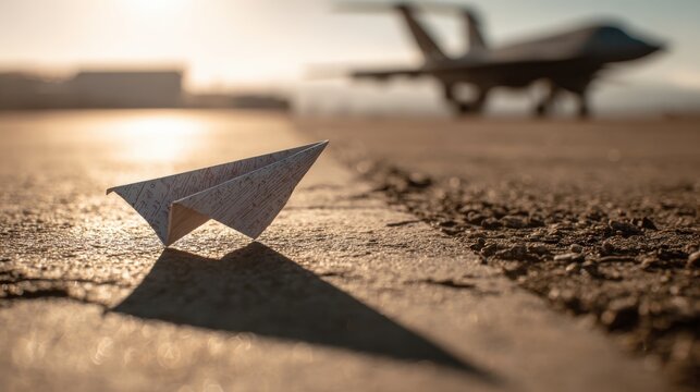 A paper airplane casts a long shadow on the runway with a real fighter jet blurred in the background during sunset.