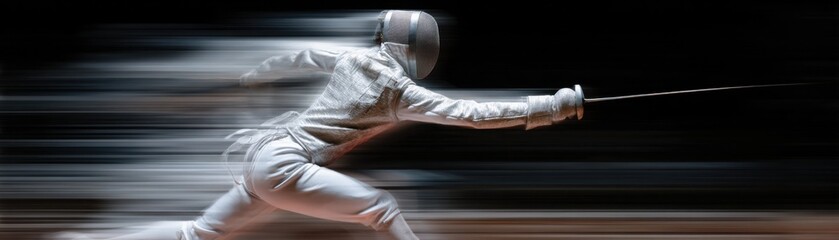 A dynamic image of a fencer lunging forward, emphasizing speed and precision with motion blur effects.