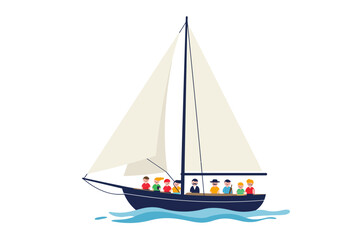 Sailboat with passengers on rippling water sporting cream sails and a dark hull