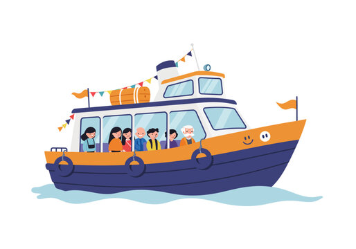 A cartoon boat carries passengers with a waving flag a smiling face on the boat