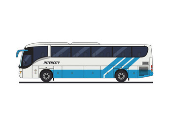 A white  blue Intercity bus stands on a black road side view