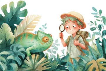Naklejka premium A curious young explorer with a magnifying glass studies a large chameleon hidden among lush tropical plants and foliage.