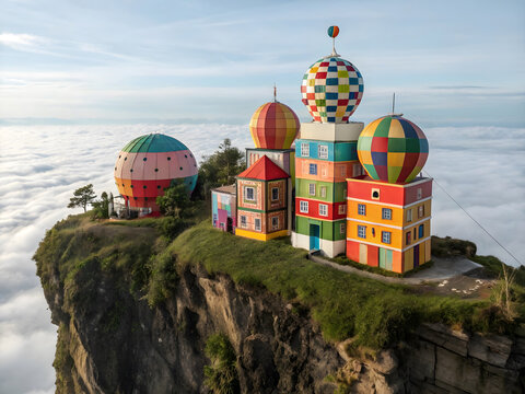 Colorful buildings with hot air balloon roofs on cliff edge above clouds