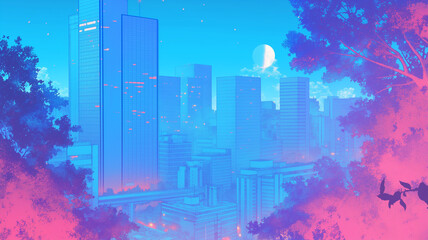 Fototapeta premium レトロアニメのようなタッチで描かれた真夜中の都会風景｜高層ビルの窓が灯る深夜の都市と静寂が共存するイラスト素材｜昭和の空気感を感じるレトロポップな夜の街並み