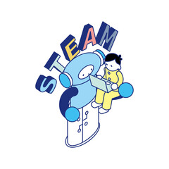 ロボットと子どもが一緒に学ぶ様子とSTEAMの文字を組み合わせたアイソメイラスト