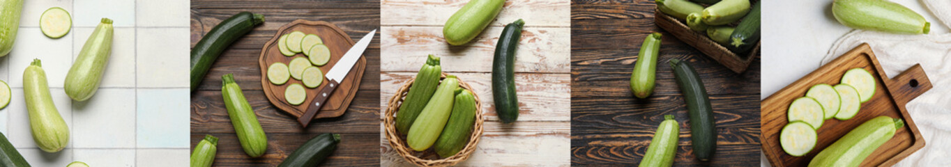 Collage of many fresh green zucchini