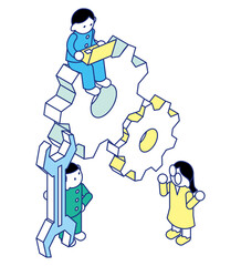 工学的な学びに取り組む子どもたち｜歯車とノートパソコンのアイソメイラスト