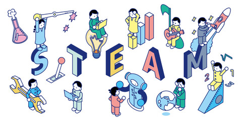 STEAM（科学・技術・工学・芸術・数学）の要素を表したアイソメトリックイラスト