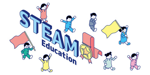 STEAM（科学・技術・工学・芸術・数学）の要素を表したアイソメトリックイラスト