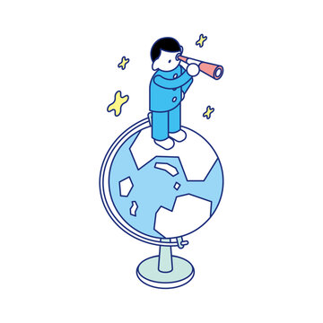 地球儀の上に立ち、観察・調査・考察する子どもたちの教育アイソメイラスト
