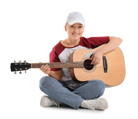 Young woman playing guitar on white background