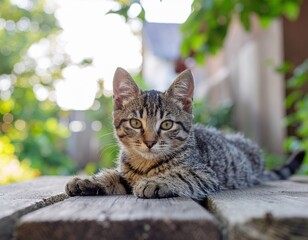 Tabby kitten resting outdoors