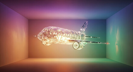 A wireframe airplane model illuminated in a room with colorful gradient lighting on the walls and floor