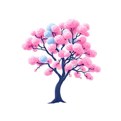 A stylized illustration of a pink and blue blossom tree with detailed branches against a black background.