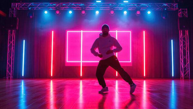 Male Dancer Performing on Stage with Neon Lighting