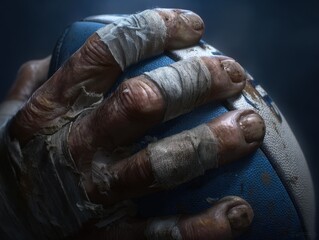 Weathered Hand Gripping Rugby Ball with Tattered Bandages and Texture