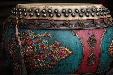 Ornate Decorative Drum with Colorful Design and Intricate Details