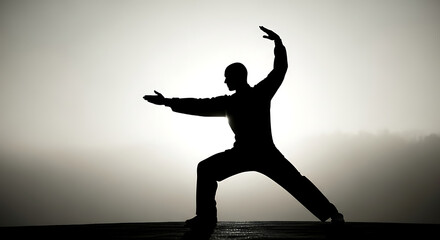 Silhouette of a Person Practicing Tai Chi Outdoors for Health and Wellbeing, Promoting Mind-Body Connection