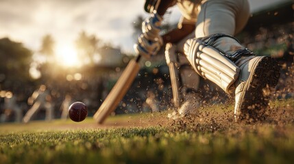 Action Shot of Cricketer Hitting Ball with Full Swing at Sunset