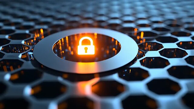 Futuristic digital lock symbol glowing on a hexagonal patterned surface with vibrant lights