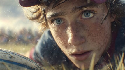 Focused Young Athlete in Action During a Rugby Game on Field