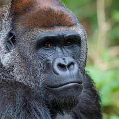 Obraz premium Close-Up of Alpha Male Gorilla with Bokeh Leaf Background